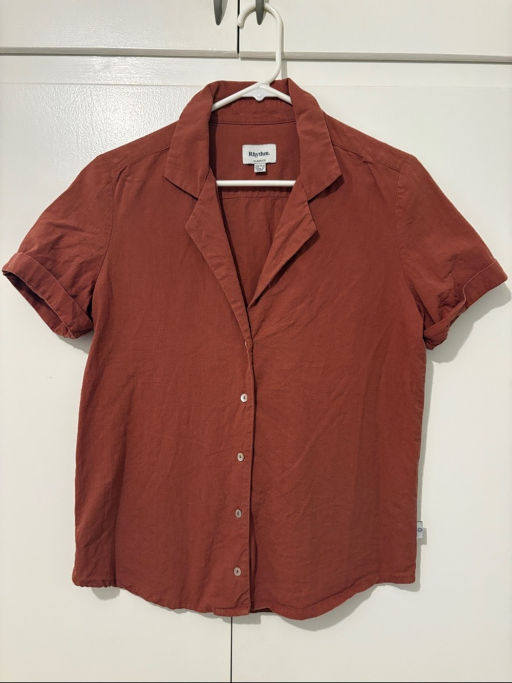 Rhythm Short Sleeve Button-Front Linen & Cotton Blend Shirt in Rust